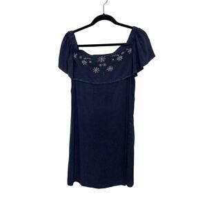 NWT Denim Chambray Floral Embroidered Dress Size Large Off The Shoulder
